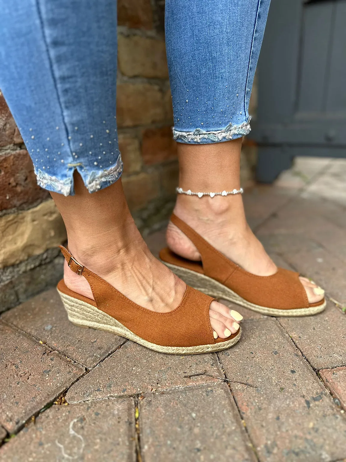 Tan Open Toe Canvas Wedge Sandals