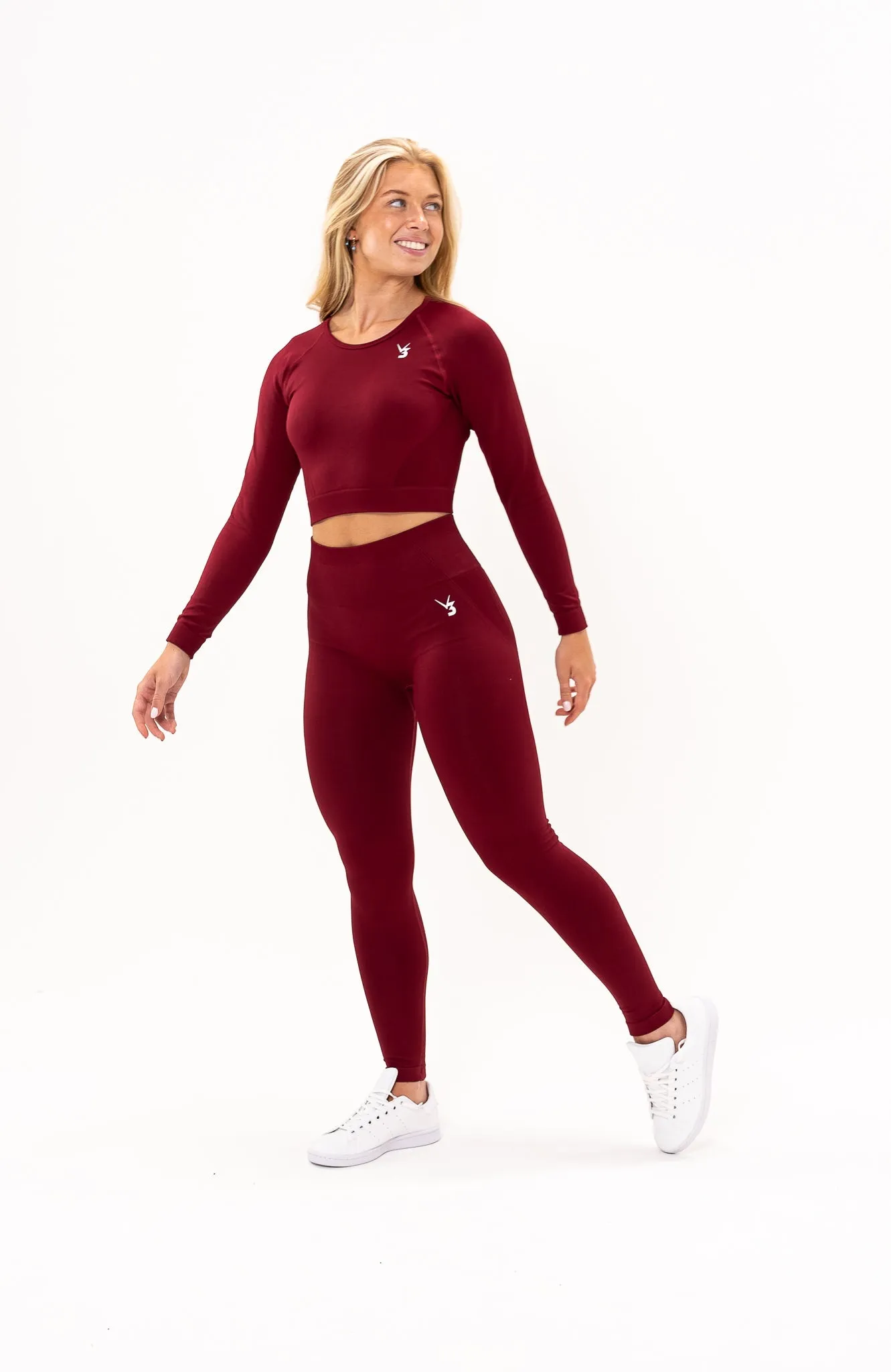 Tempo Seamless Scrunch Leggings & Long Sleeve Set - Burgundy Red