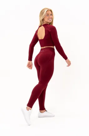 Tempo Seamless Scrunch Leggings & Long Sleeve Set - Burgundy Red