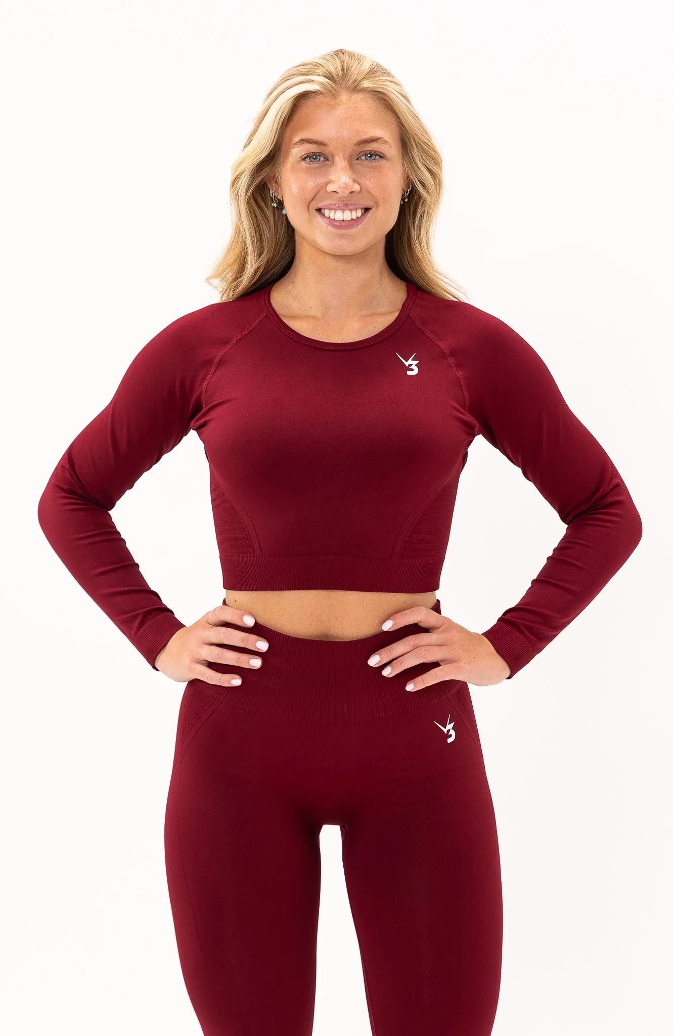 Tempo Seamless Scrunch Leggings & Long Sleeve Set - Burgundy Red