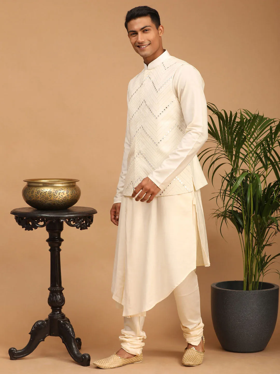 Vastramay Men's Cream Mirror Jacket With Pleated Kurta Pyjama Set