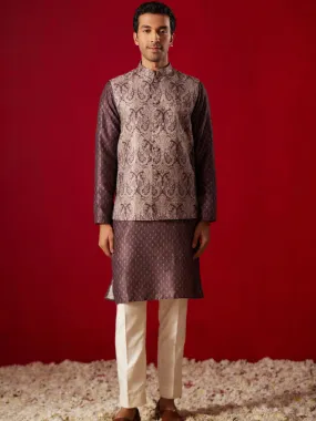 Vastramay Men's Wine Jacquard Silk Blend Ethnic Jacket With Kurta Pant Set