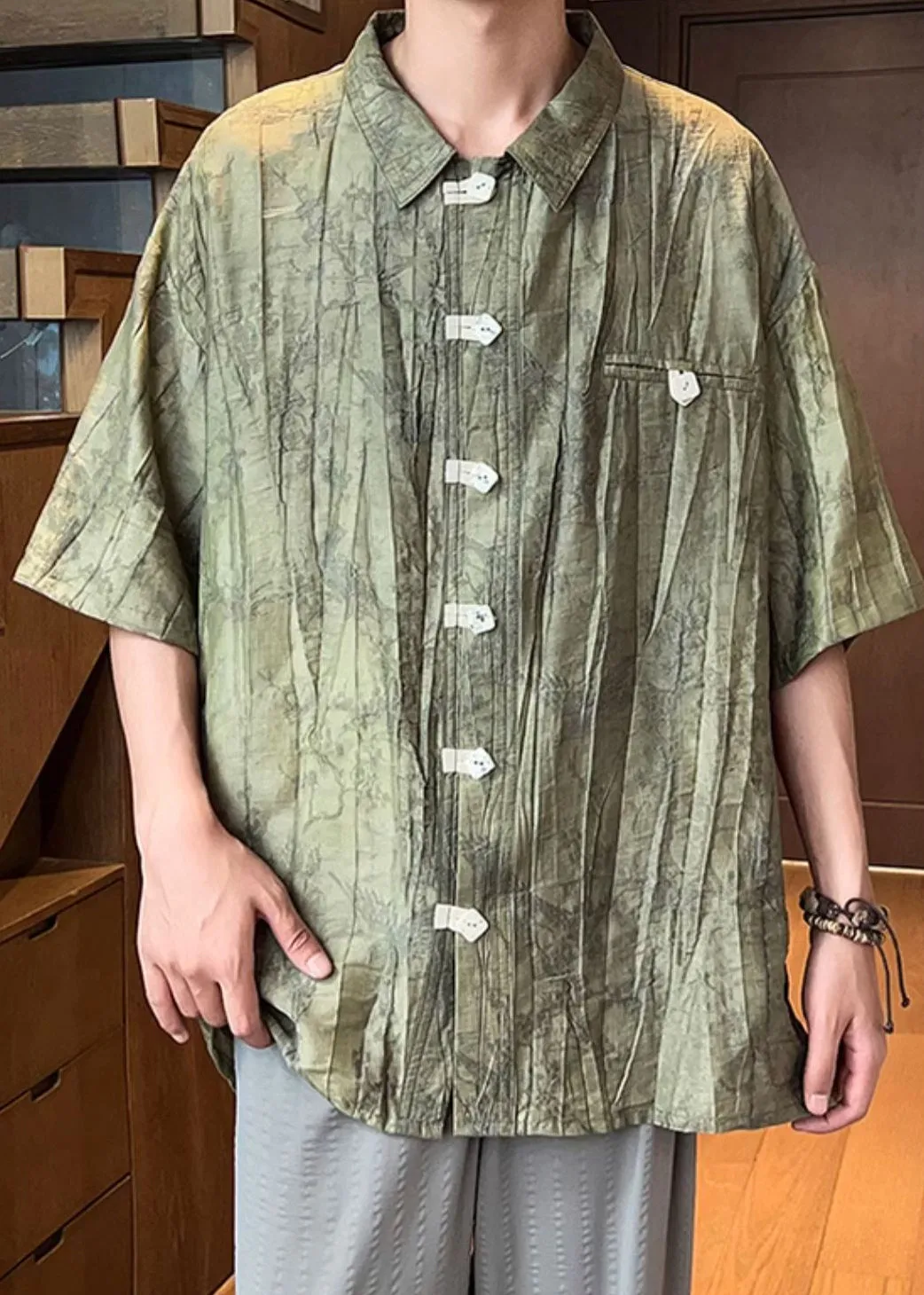 Vintage Green Peter Pan Collar Button Cotton Men Shirts Summer