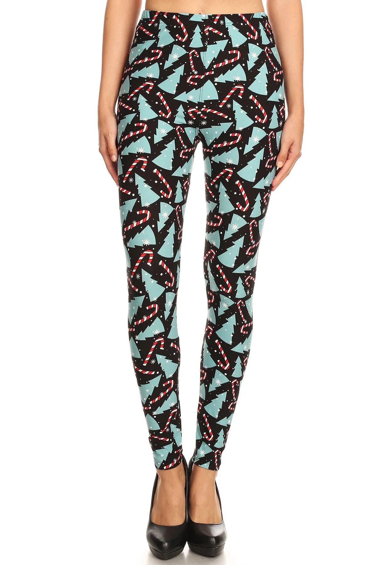 Women's 3X 5X Candy Cane Christmas Tree Pattern Printed Leggings