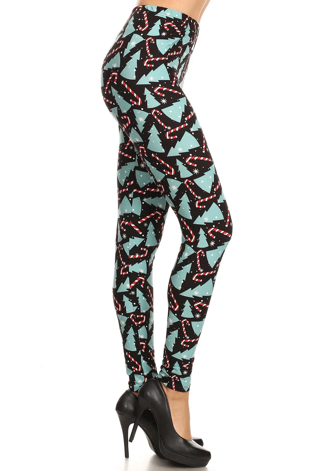 Women's 3X 5X Candy Cane Christmas Tree Pattern Printed Leggings