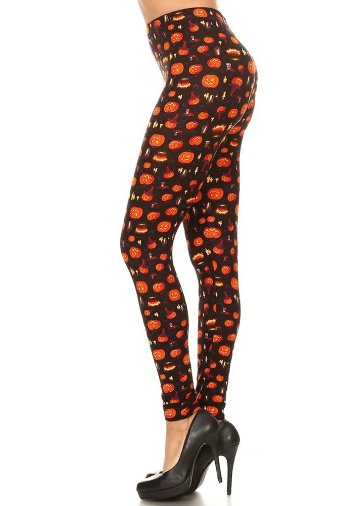 Women's 3X 5X Jack O' Lantern Pumpkin Pattern Printed Leggings - One Size / Orange