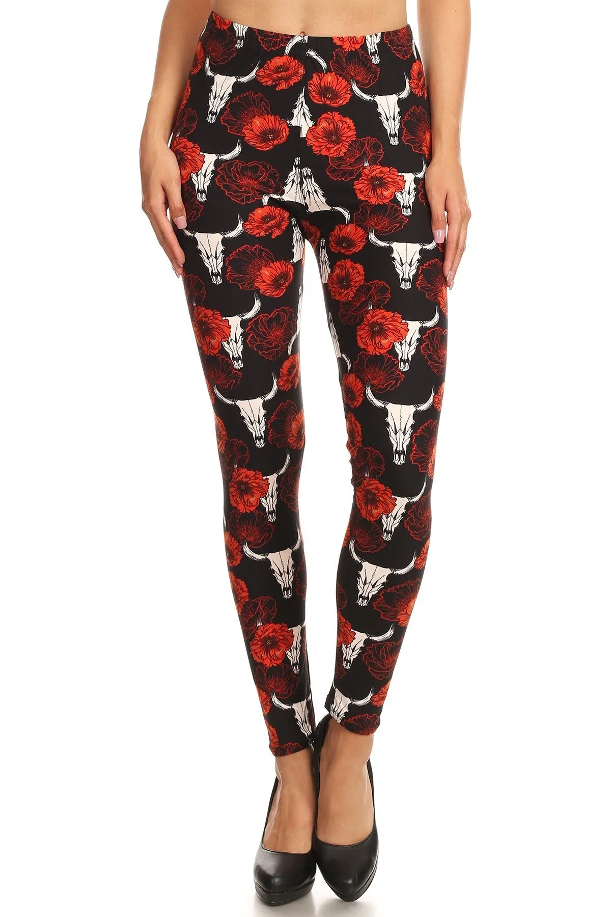 Women's Plus Flower Bull Skull Pattern Printed Leggings