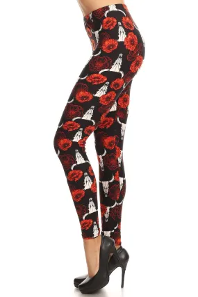 Women's Plus Flower Bull Skull Pattern Printed Leggings