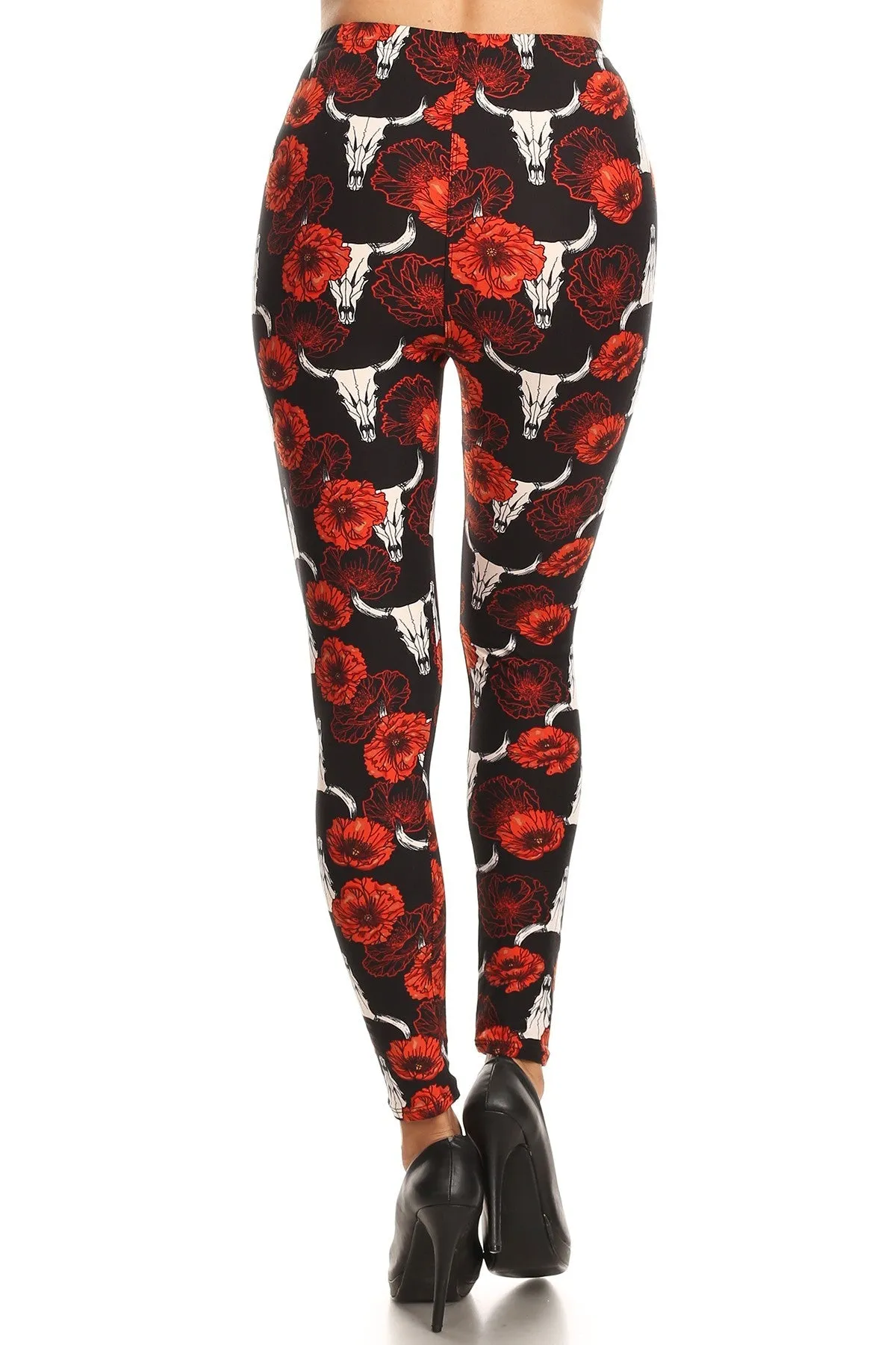 Women's Plus Flower Bull Skull Pattern Printed Leggings